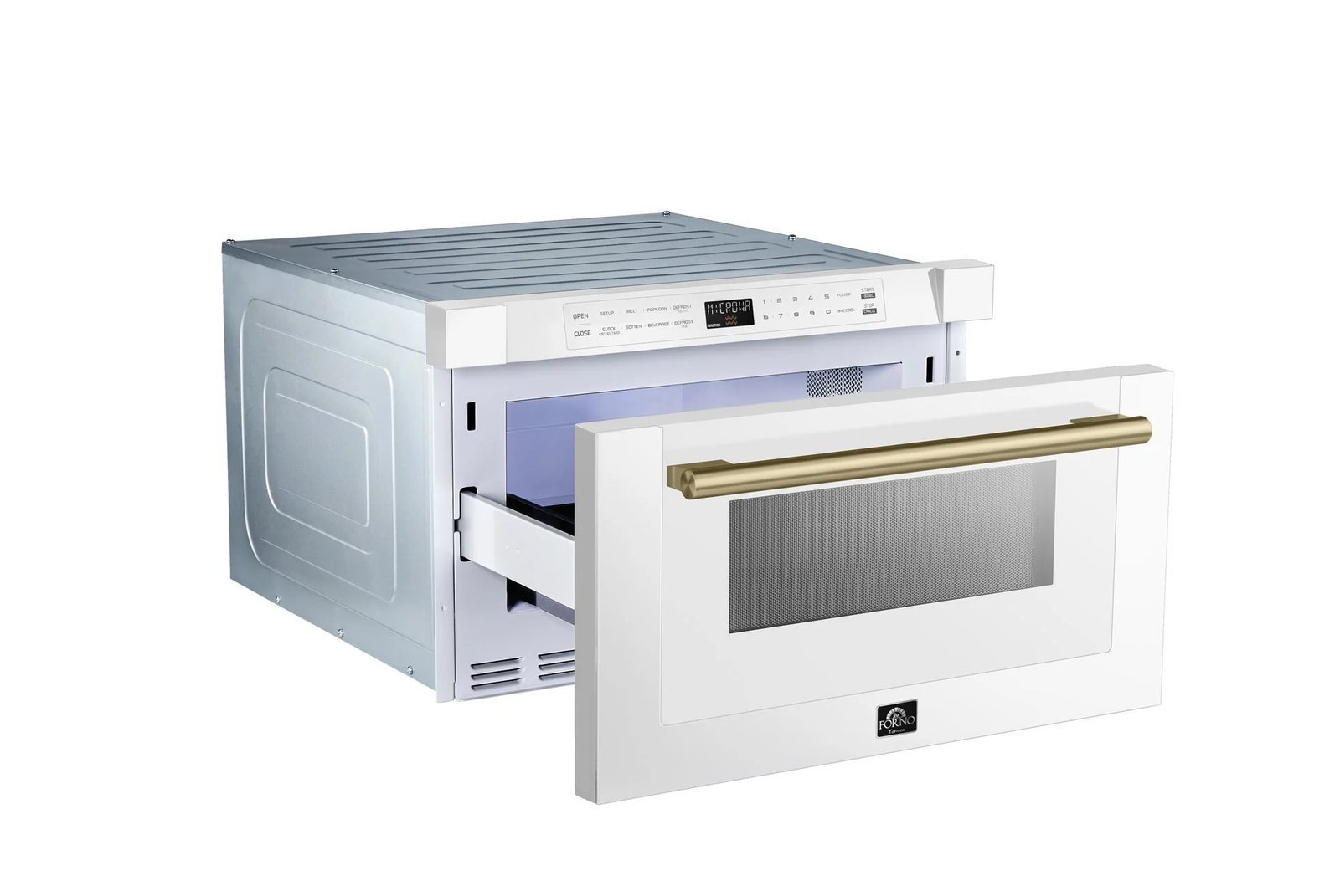 FORNO Espresso Capoliveri 24″ 1.2 cu. ft. Built-In Microwave Drawer in White with Antique Brass Handles, FMWDR3000-24WHT - Image 2