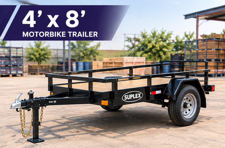 img01_1-1.png Cargotrailer 4′ x 8′ Motorbike Trailer – Single Axle, Wood Deck, Mesh Ramp Gate - Image 1